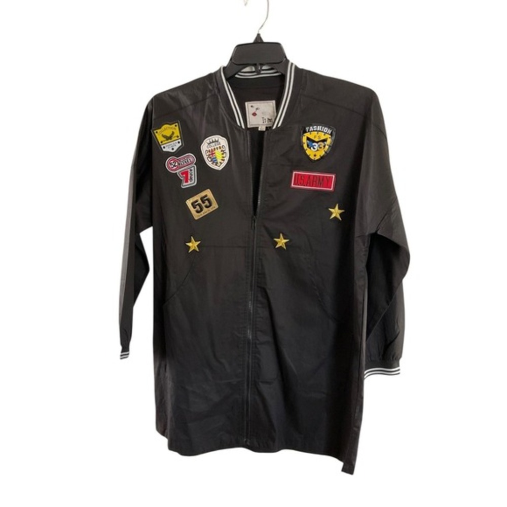 It Girl Black Patch Bomber Jacket Womens Large TJ53 Star‎ Studded Zip Up Tunic